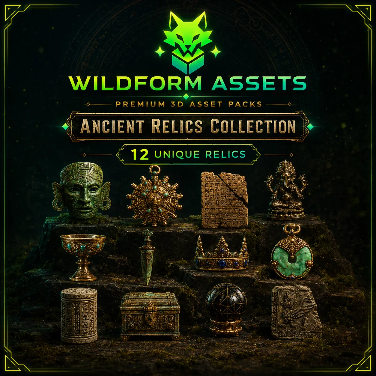 Aperçu du pack de reliques fantasy de Wildform Assets avec des accessoires anciens lumineux