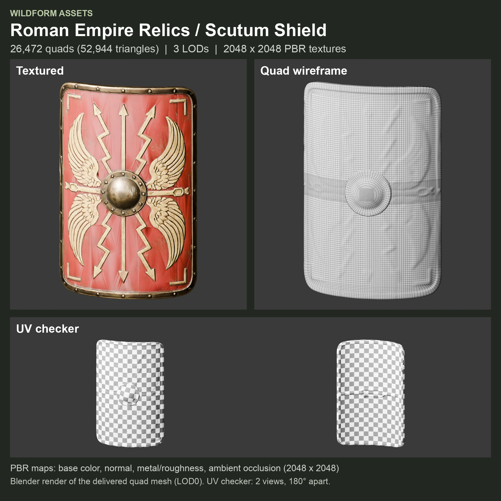 Scutum Shield: Model, wireframe and UVs