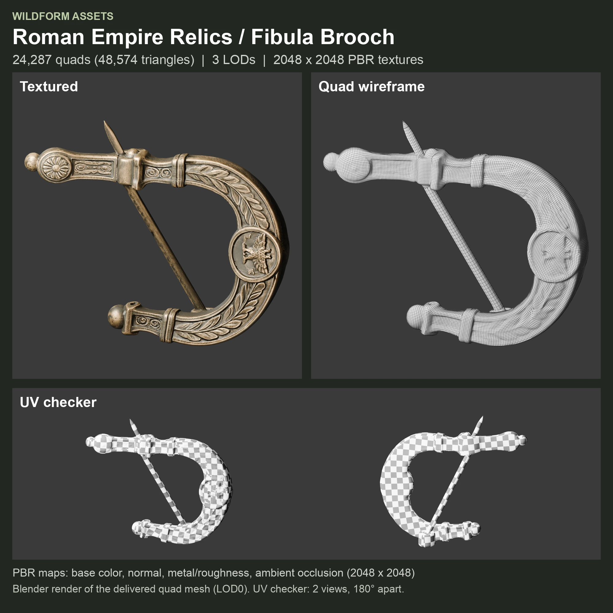 Fibula Brooch: Model, wireframe and UVs