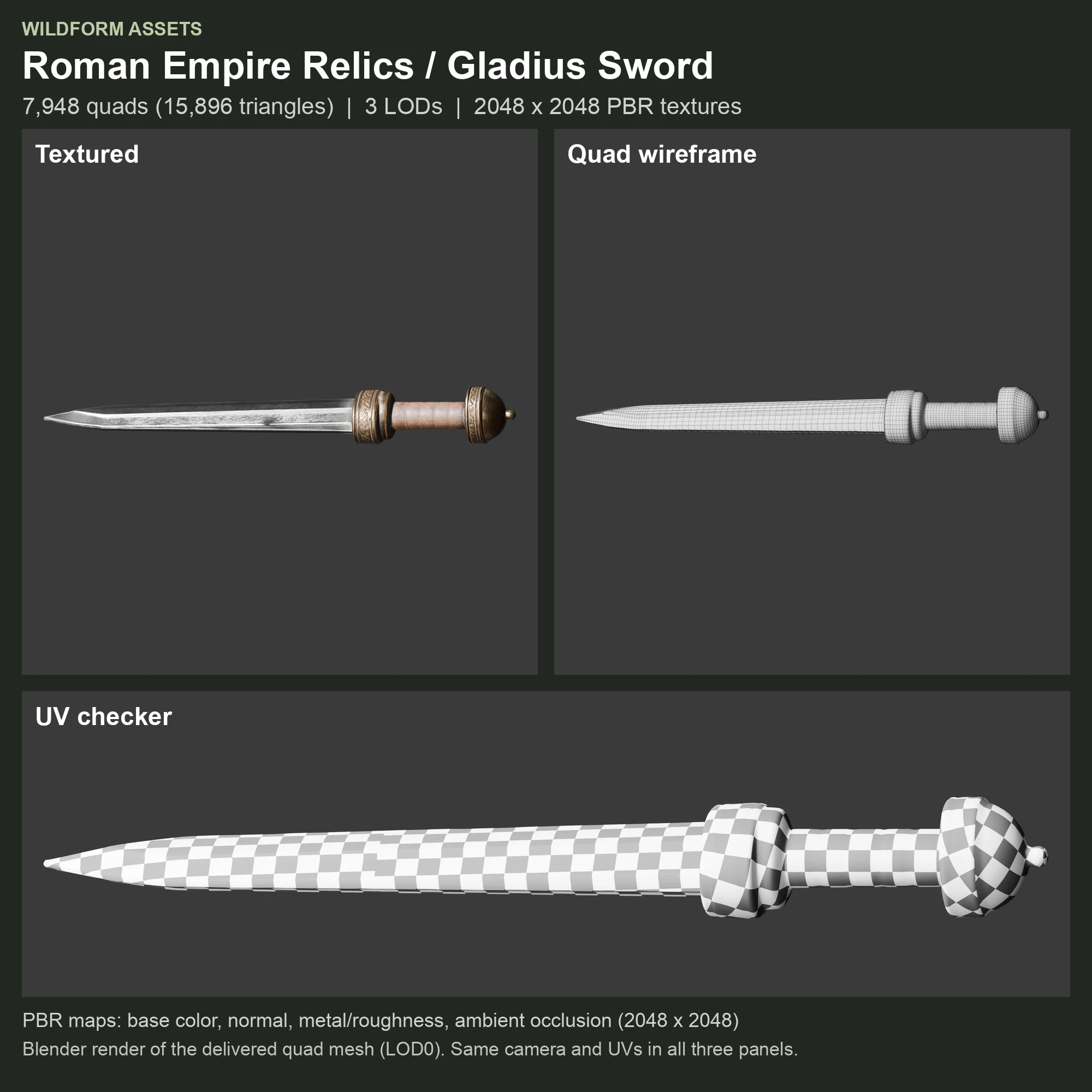 Gladius Sword: Model, wireframe and UVs