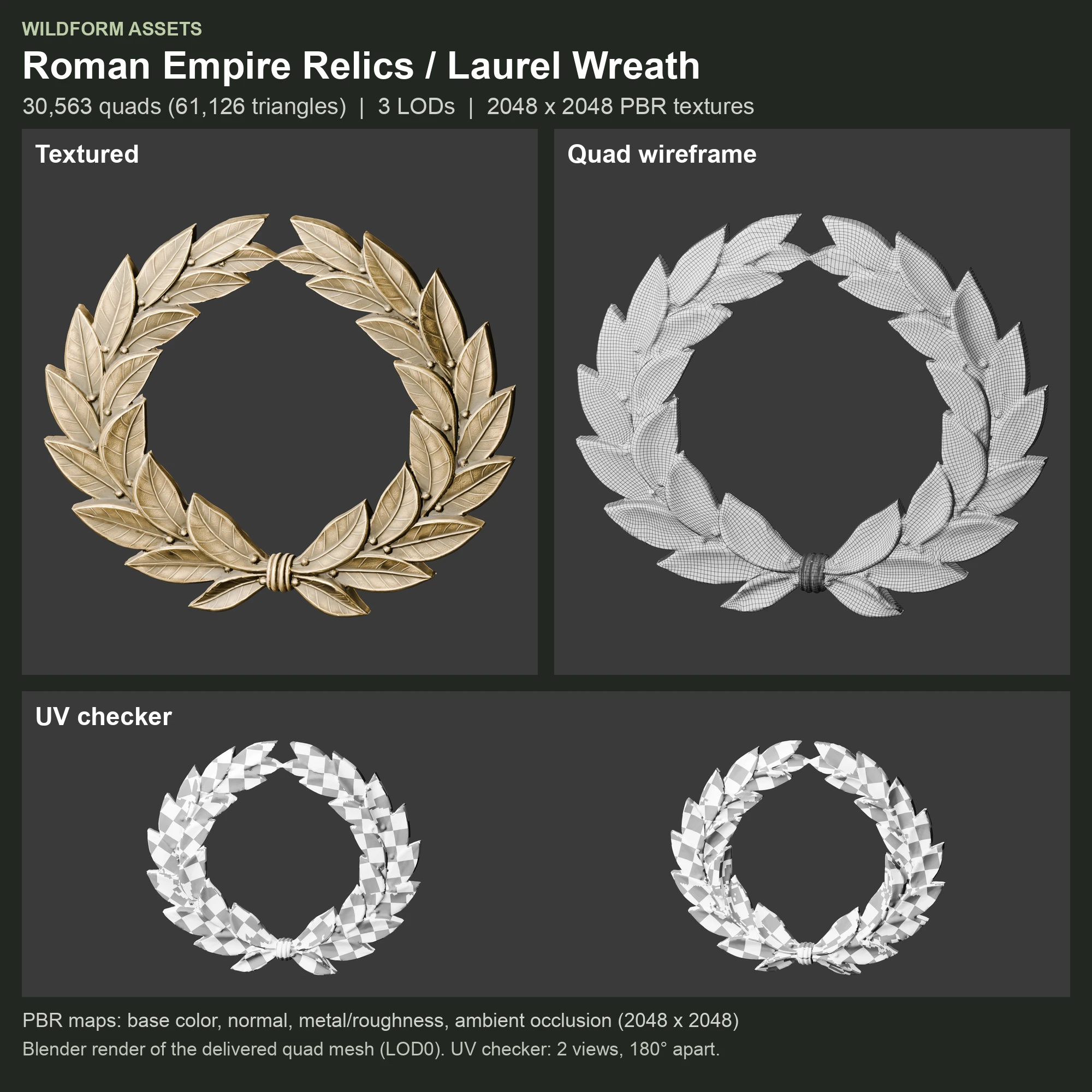 Laurel Wreath: Model, wireframe and UVs