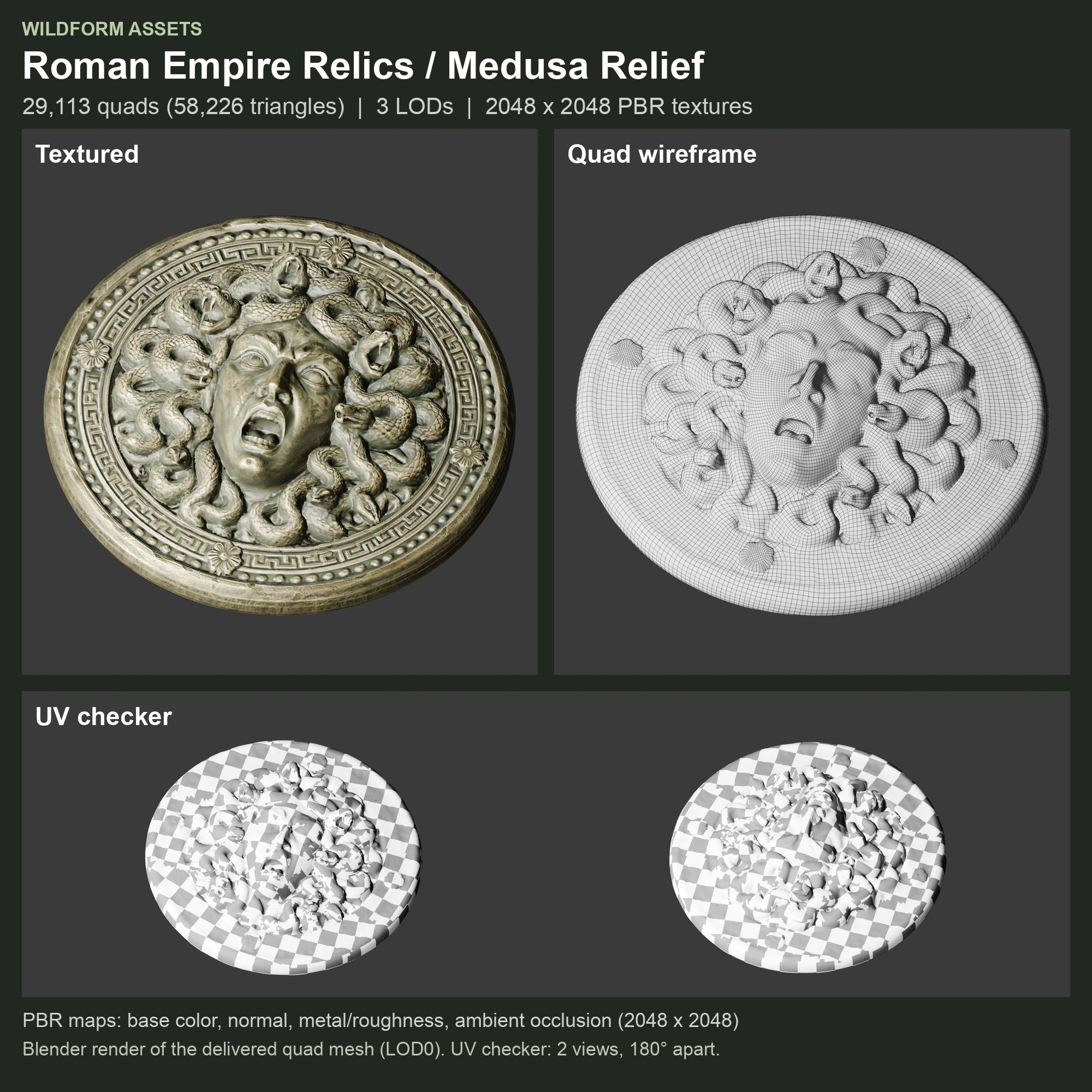 Medusa Relief: Model, wireframe and UVs