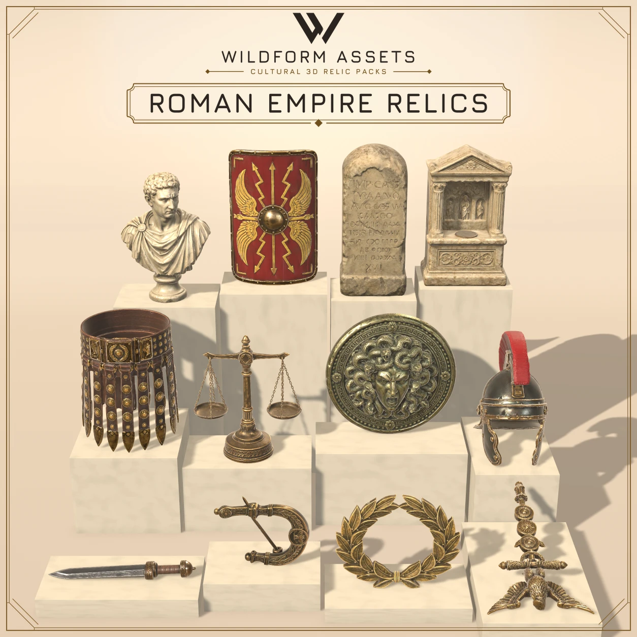 Wildform Assets Roman Empire Relics preview with twelve ancient Roman props