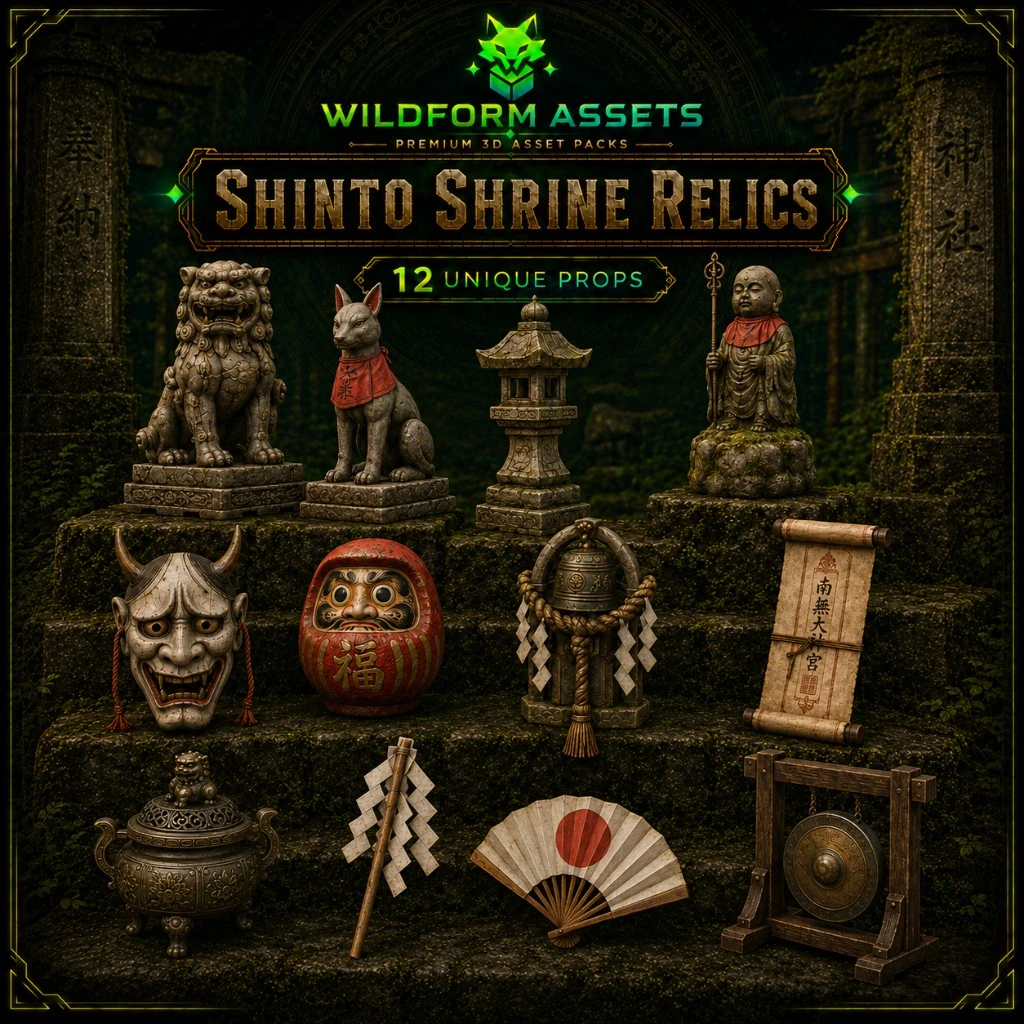 12 点の日本の神社の小道具が並ぶ Wildform Assets の Shinto Shrine Relics のプレビュー