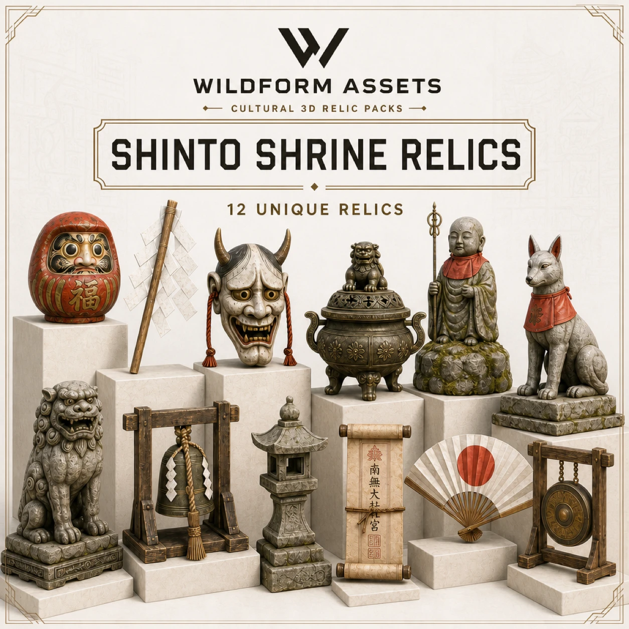 Wildform Assets Shinto Shrine Relics preview with twelve Japanese shrine props