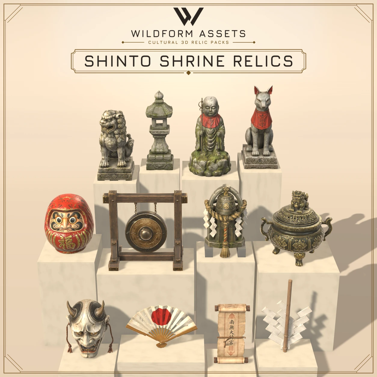 Wildform Assets Shinto Shrine Relics preview with twelve Japanese shrine props