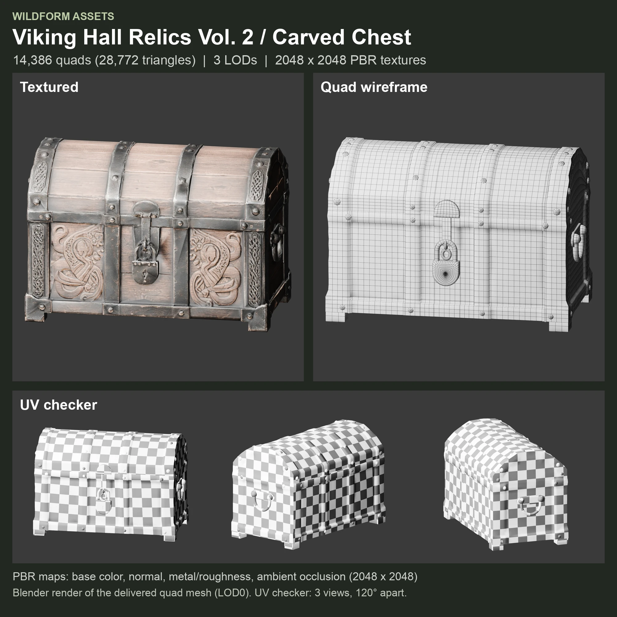 Carved Chest: Model, wireframe and UVs