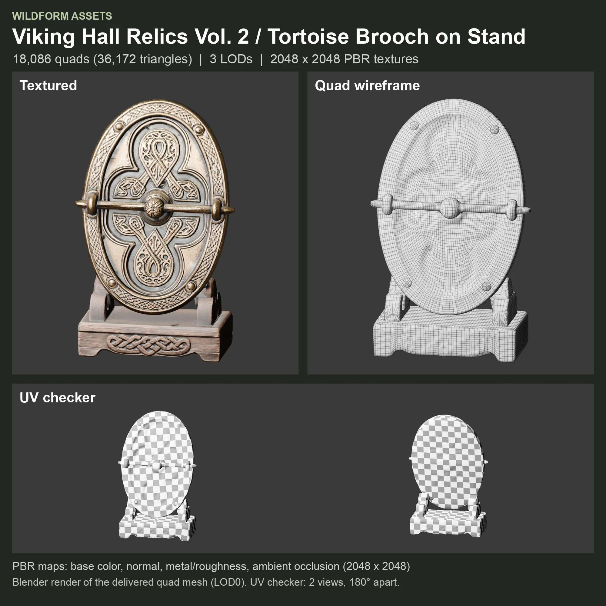 Tortoise Brooch on Stand: Model, wireframe and UVs