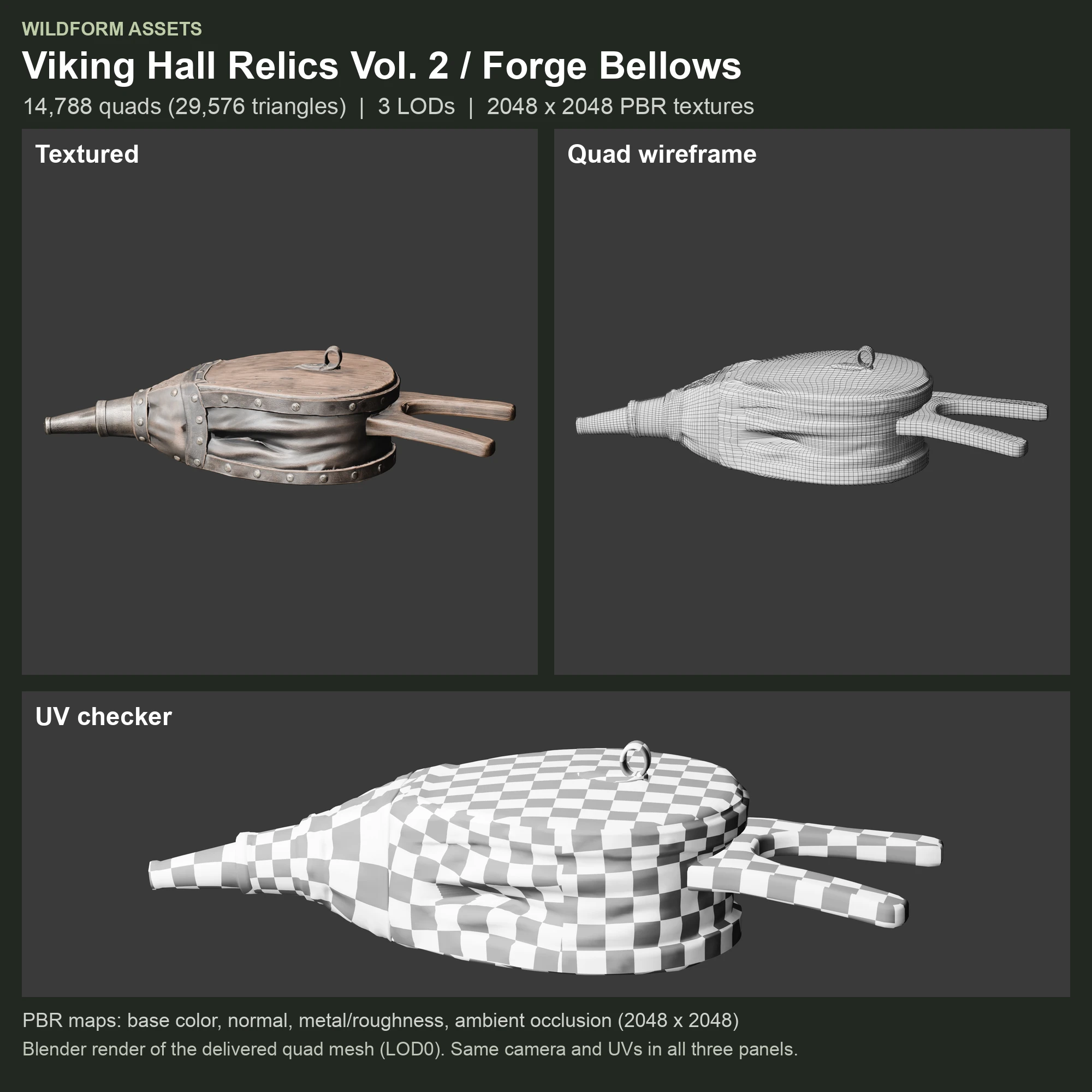 Forge Bellows: Model, wireframe and UVs