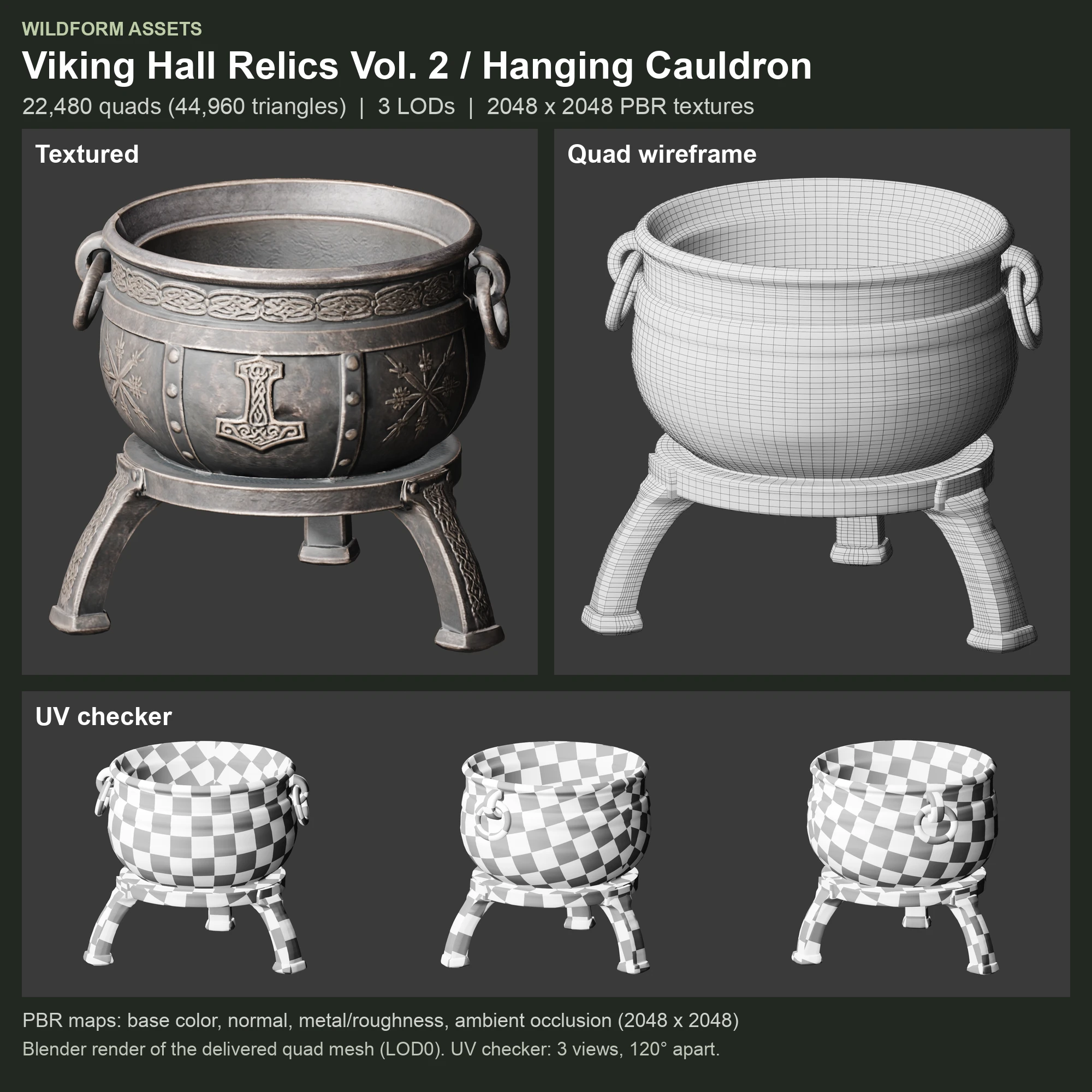 Hanging Cauldron: Model, wireframe and UVs