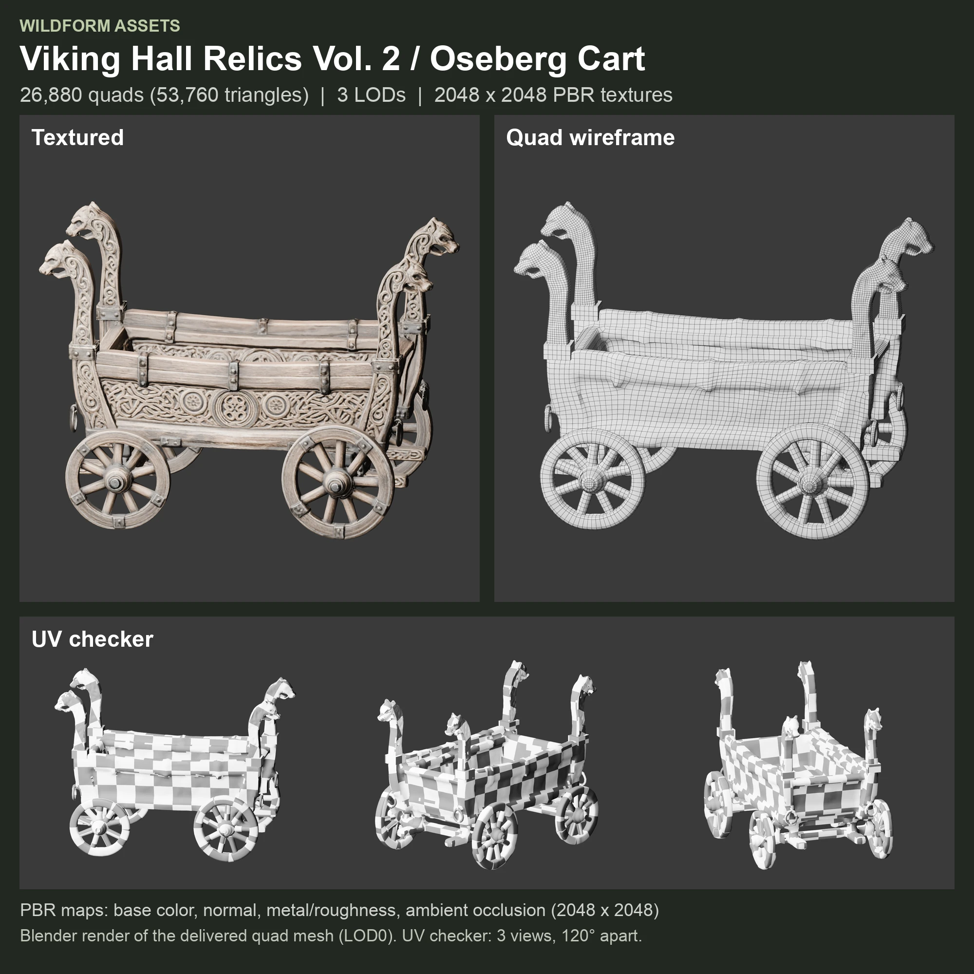 Oseberg Cart: Model, wireframe and UVs