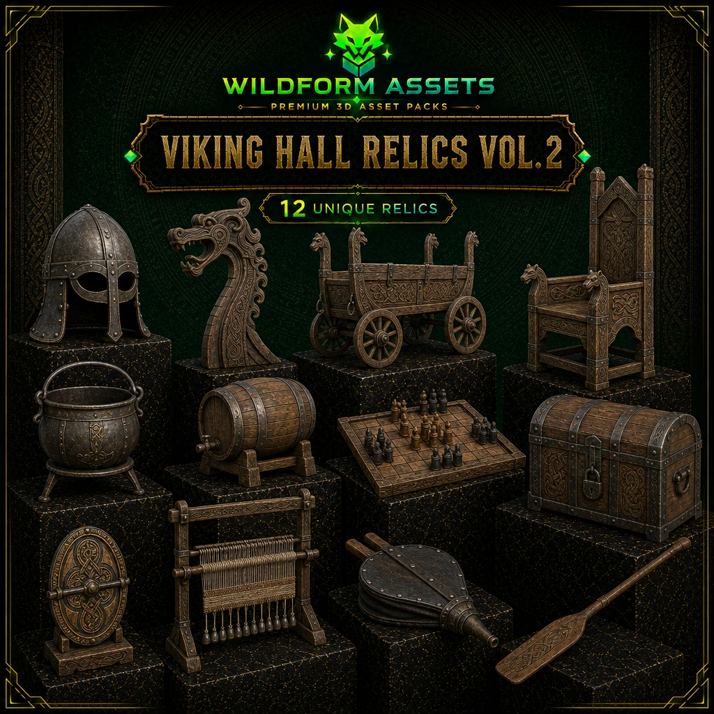 Wildform Assets Viking Hall Relics Vol. 2 preview with twelve Norse longhouse props