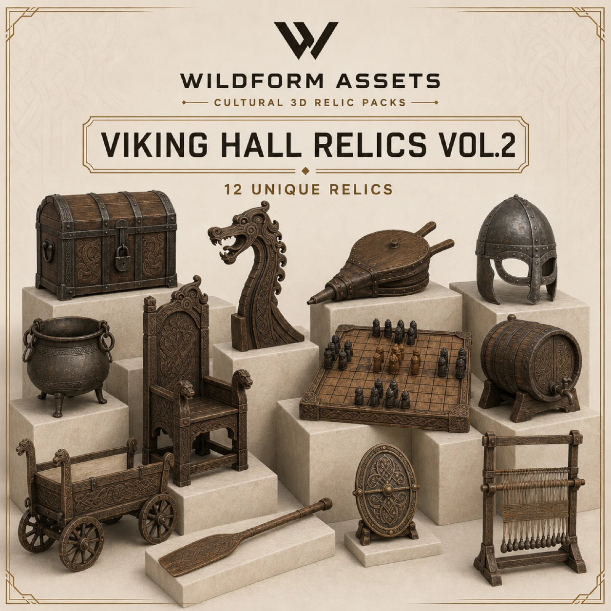 Wildform Assets Viking Hall Relics Vol. 2 preview with twelve Norse longhouse props