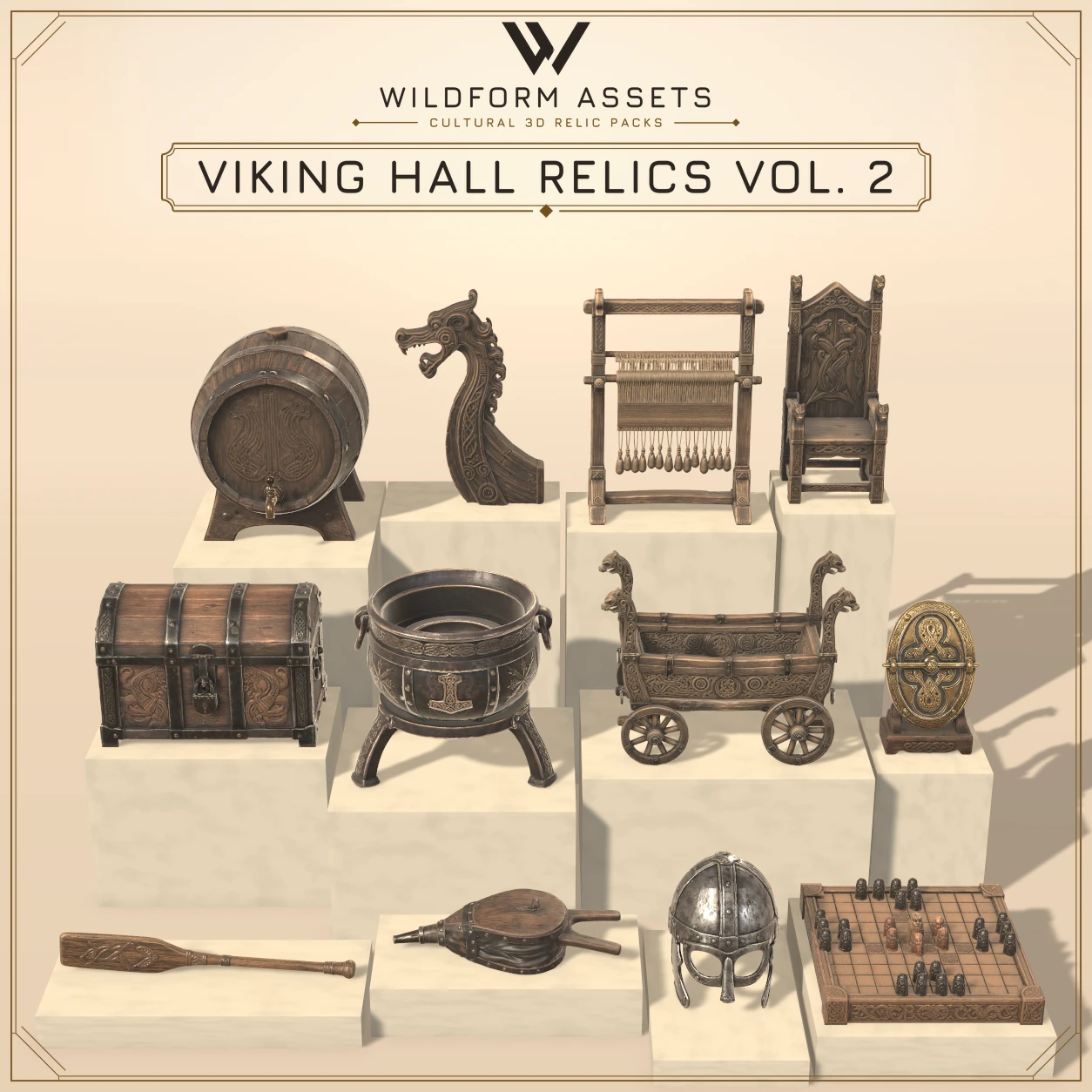 Wildform Assets Viking Hall Relics Vol. 2 preview with twelve Norse longhouse props