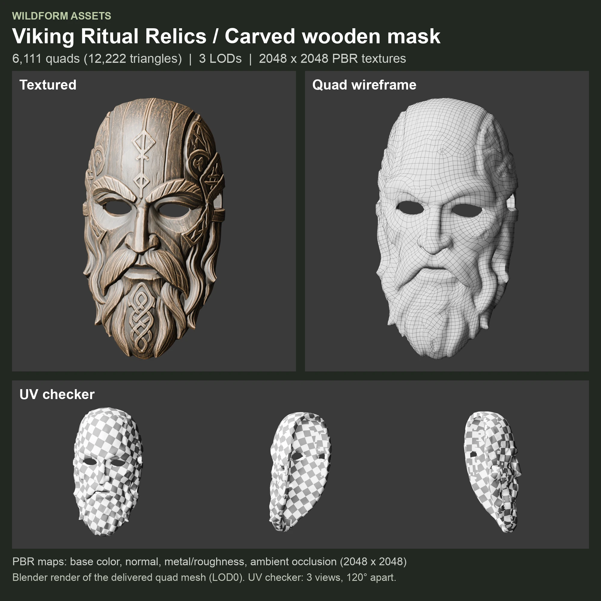 Carved wooden mask: Model, wireframe and UVs