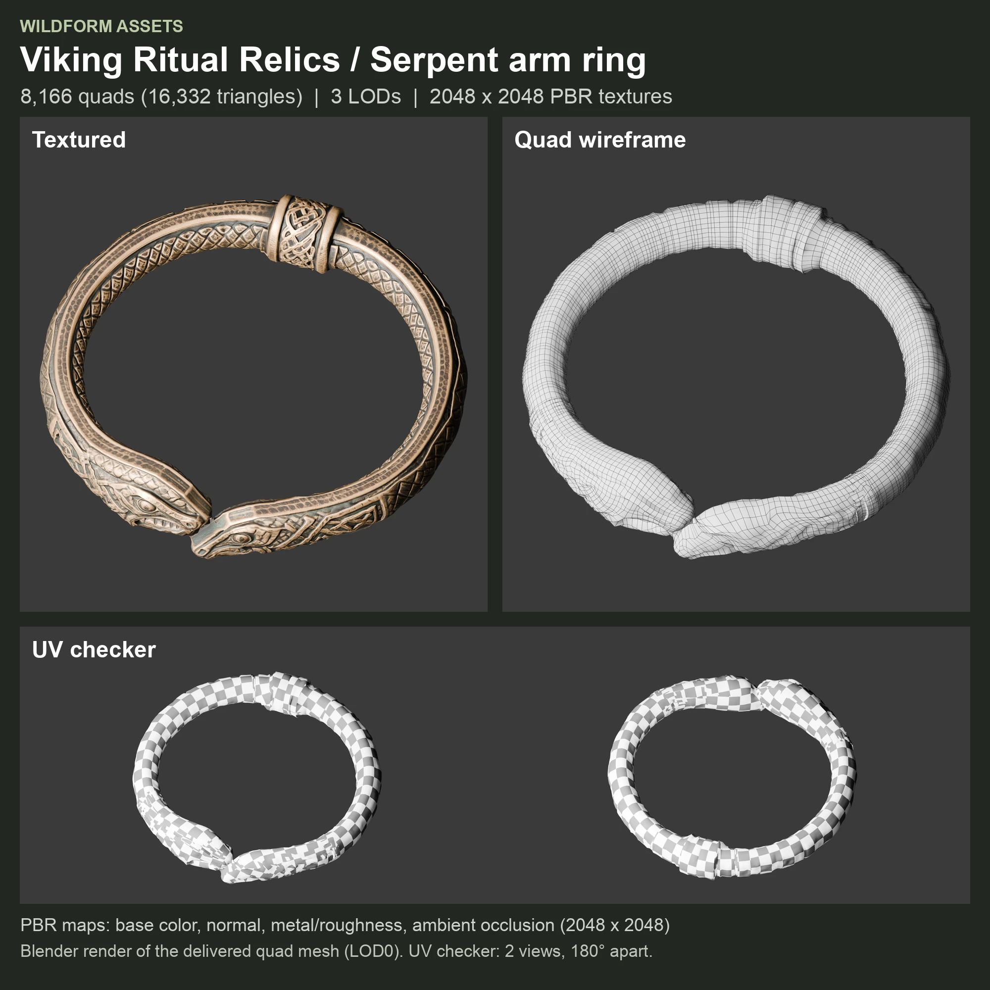 Serpent arm ring: Model, wireframe and UVs