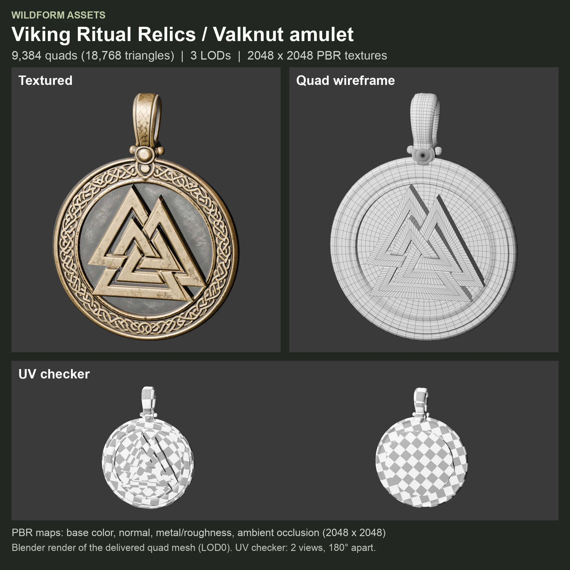 Valknut amulet: Model, wireframe and UVs