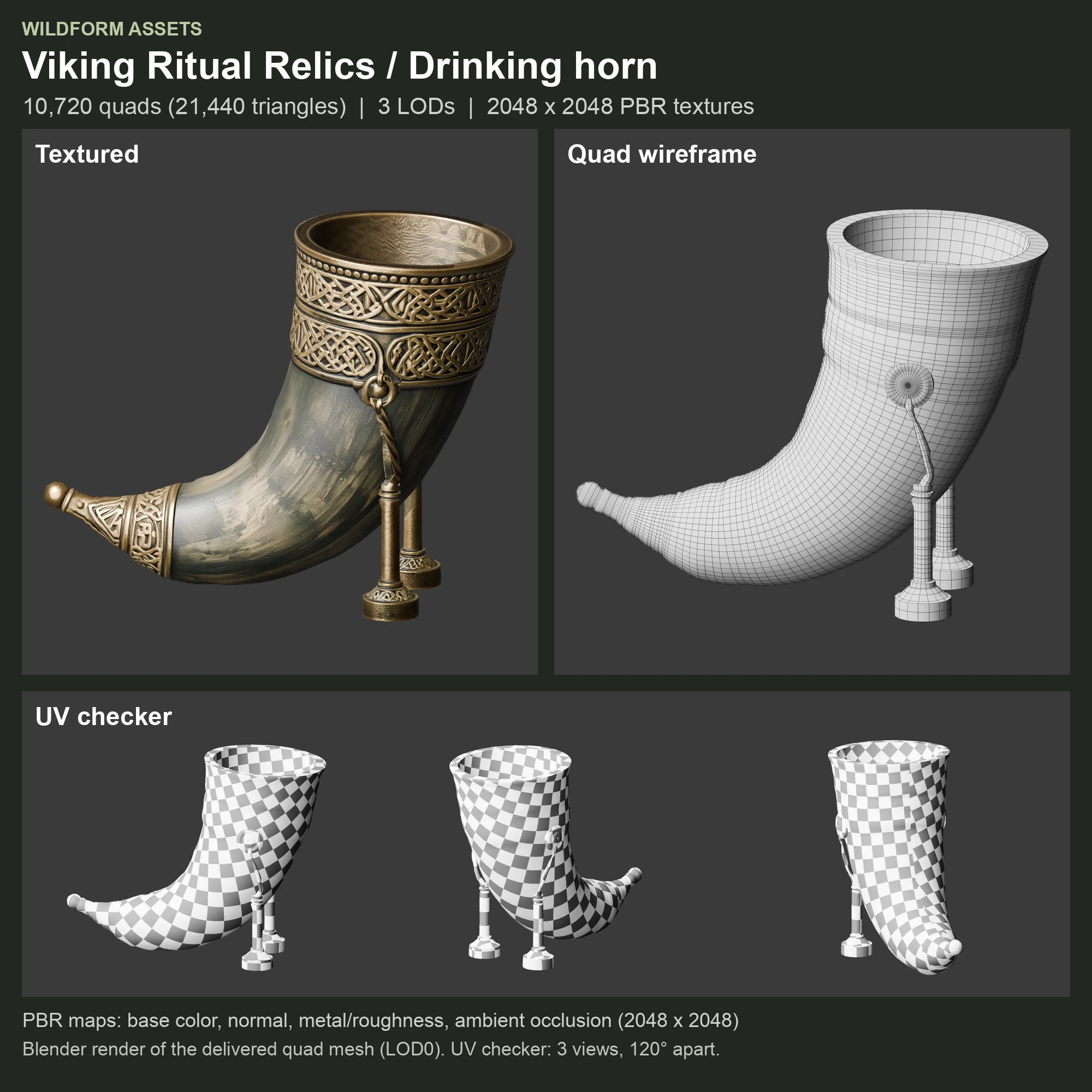 Drinking horn: Model, wireframe and UVs
