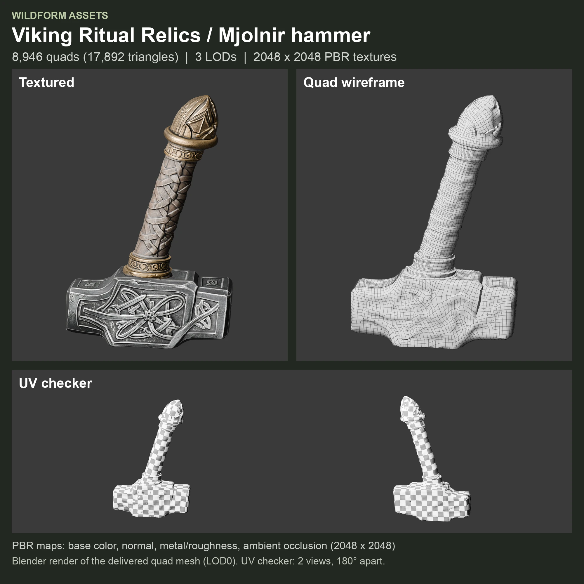 Mjolnir hammer: Model, wireframe and UVs
