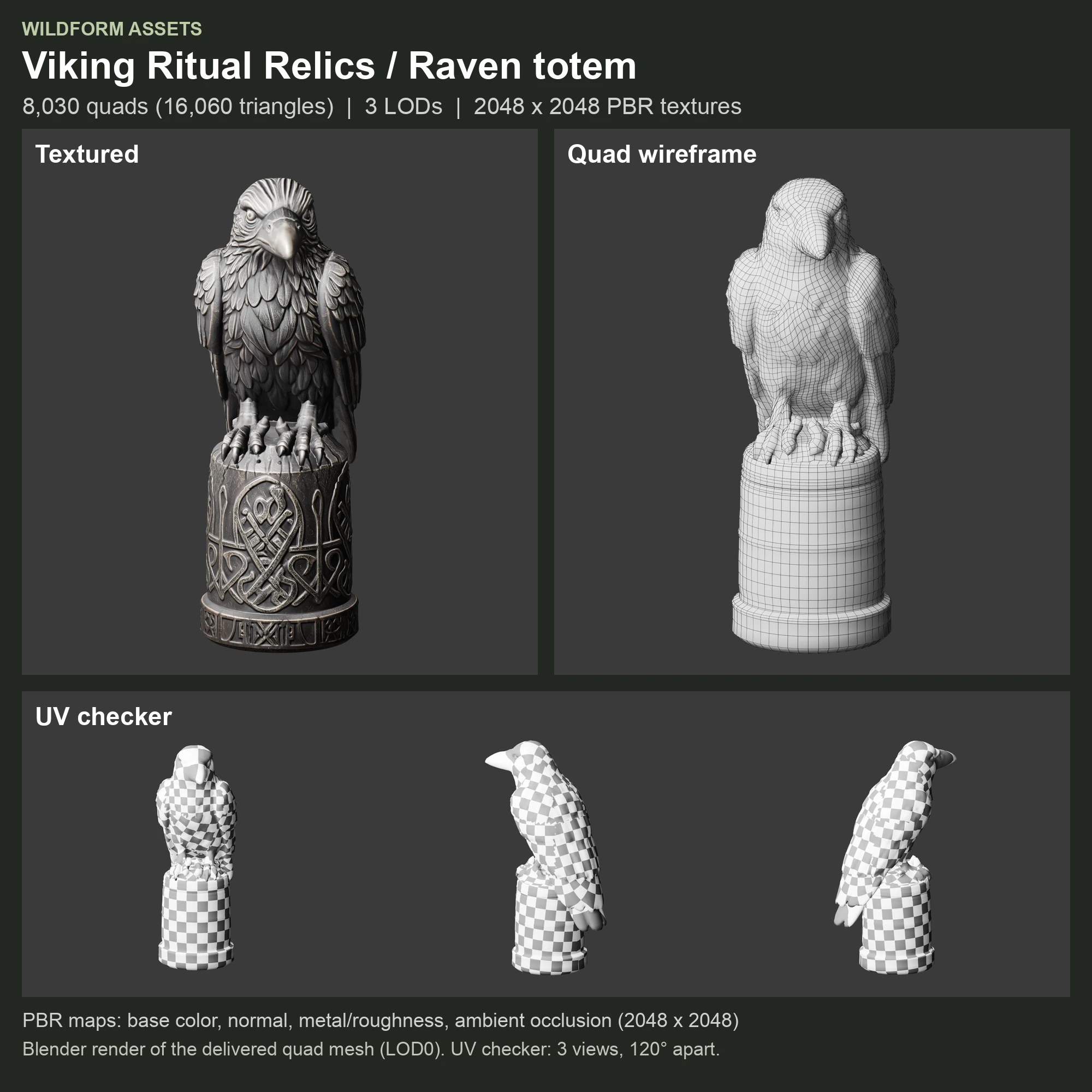 Raven totem: Model, wireframe and UVs