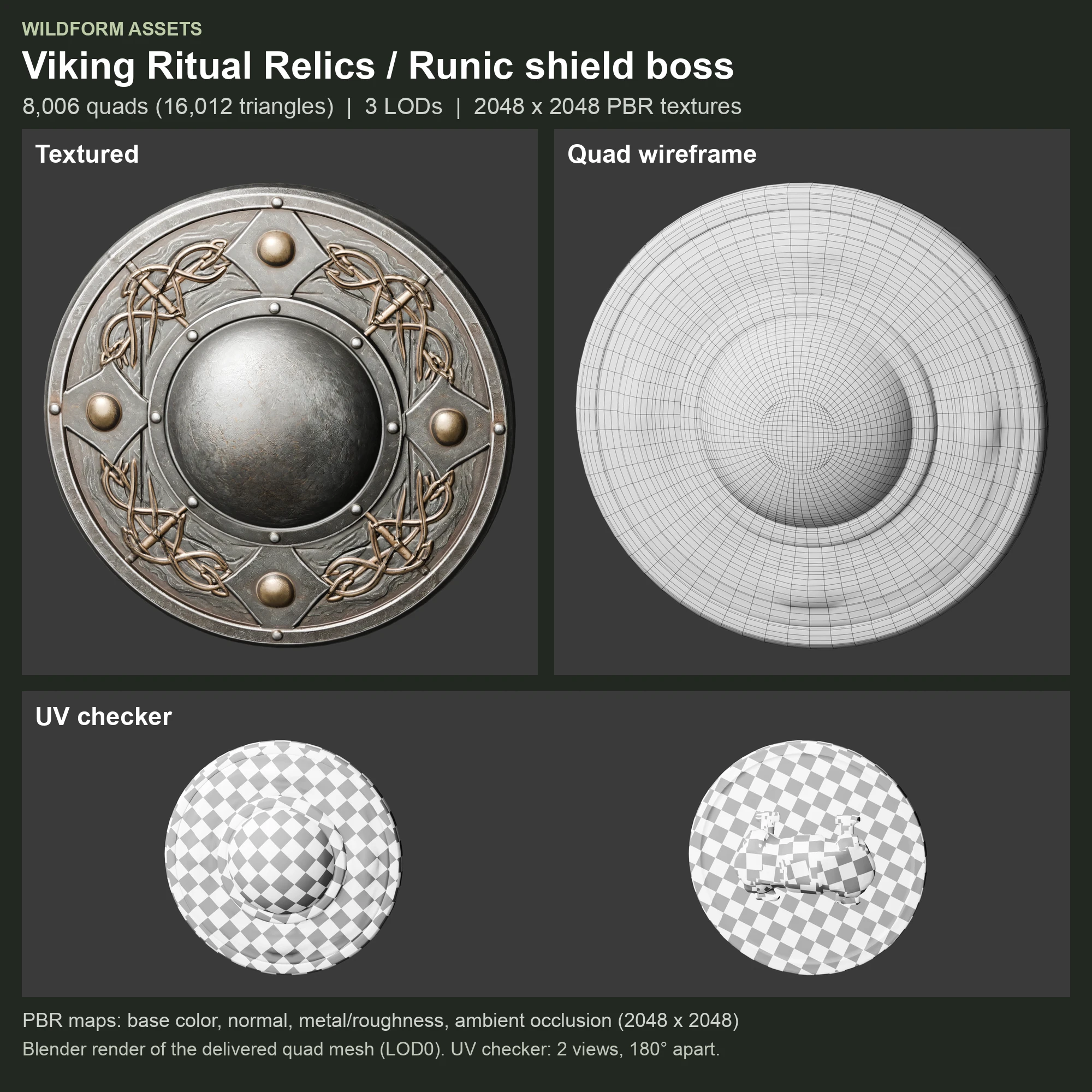 Runic shield boss: Model, wireframe and UVs