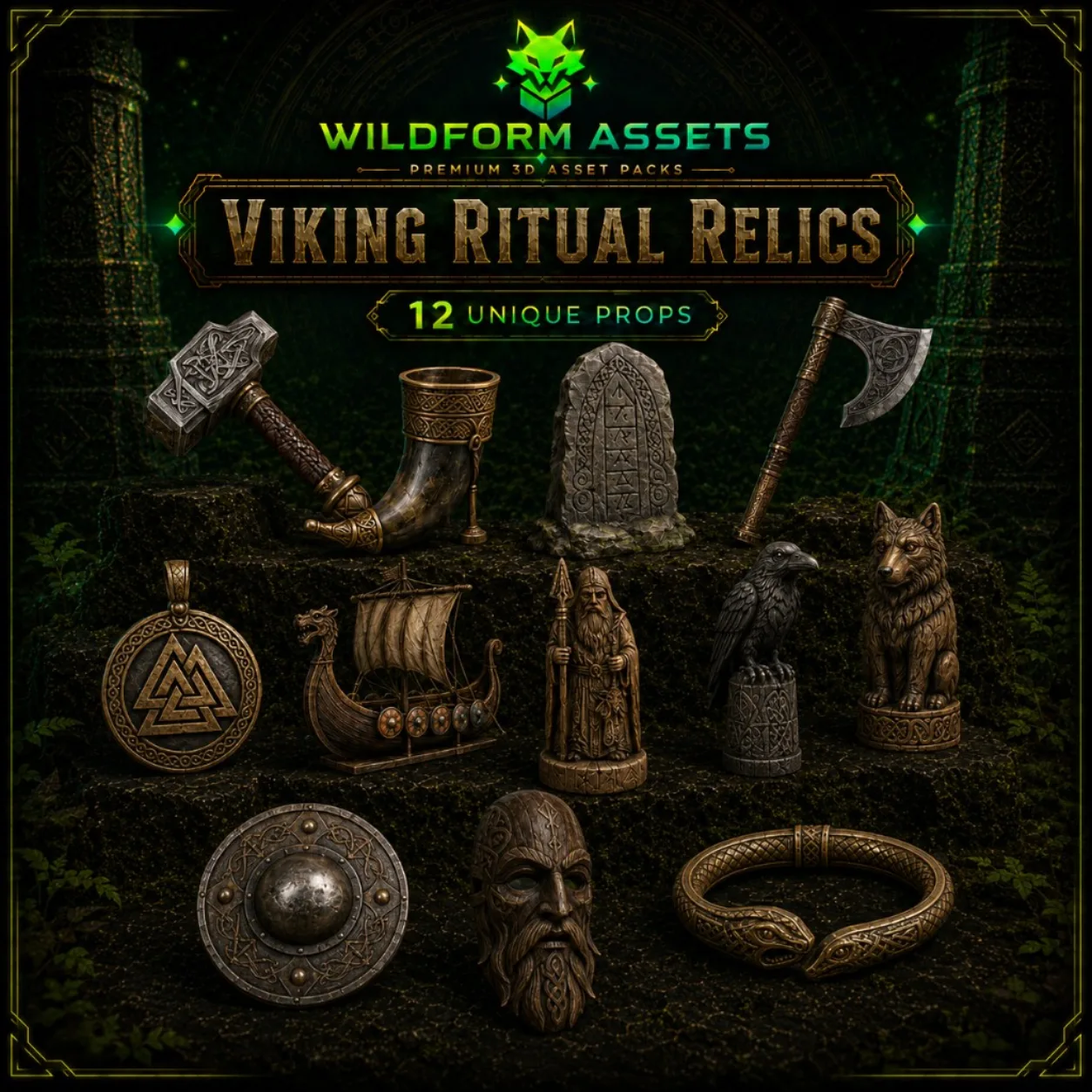 Vista previa de Viking Ritual Relics de Wildform Assets con doce props rituales nórdicos