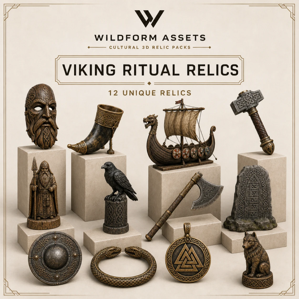 Wildform Assets Viking Ritual Relics preview with twelve Norse ritual props